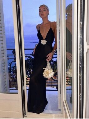 HELSA Sheer Deep V Neckline Slip Dress Black